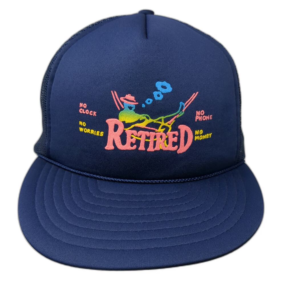 Blue Trucker Hat One Size Snapback Retired No Clock No Phone Mesh Rope Cap